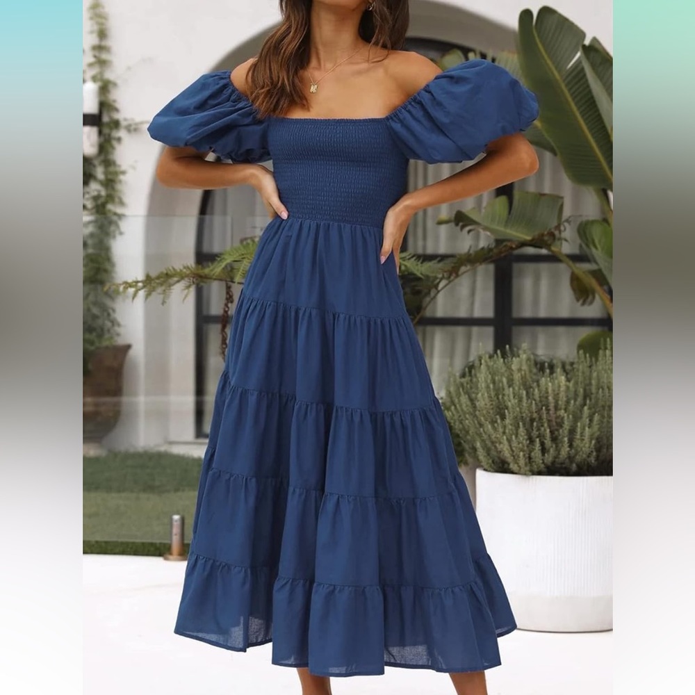 PrettyGuide Womens Casual Midi Smocked High Waist Square Neck Dresses